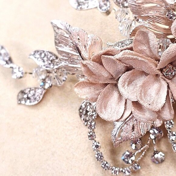 Flowers and Leaves Rhinestone Crystal Hair Clip Formal Bridal Accessory - Picture 8 of 14